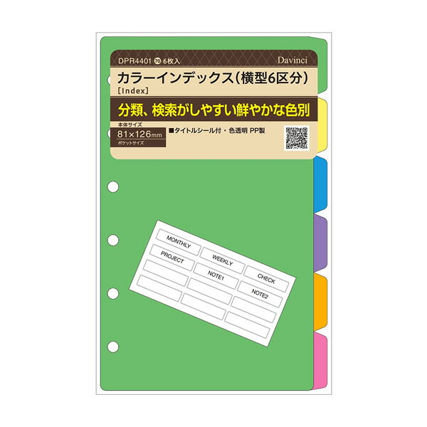 レイメイ藤井／ダ・ヴィンチリフィル カラーインデックス(横型6区分) ポケットサイズ（DPR4401）分類・検索がしやすい横型の色別インデックス　Raymay Fujii
