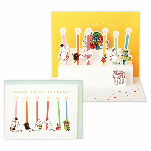 商品説明 カラフルなキャンドルでムーミンと仲間たちが誕生日をお祝い カードを開くと、キャンドルを持ったムーミンたちとバースデーケーキが現れるポップアップカード。 色とりどりのキャンドルと楽しそうなムーミンたちの姿が、特別な誕生日を演出してくれます。 商品仕様 サイズ ●カード：100×132mm ●封筒：106×142mm 備考 ●UV加工