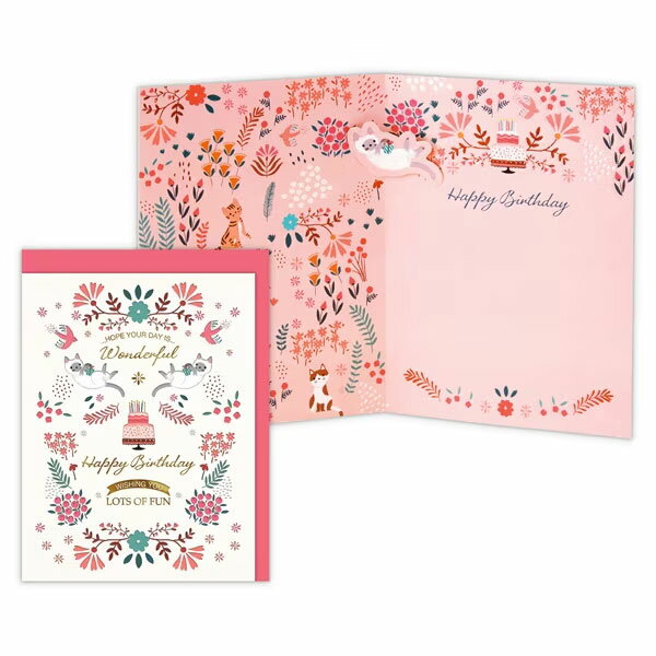 ホールマーク／誕生日カード デボス・猫と花（EAR-826-420）猫と花を細やかなパターンに落とし込んだ繊細なバースデーカード　Hallmark