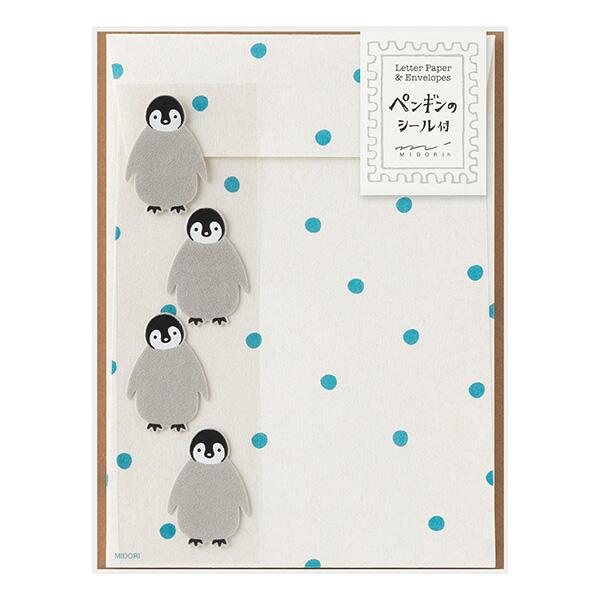 Notebooks, Paper Products - ミドリ／レターセット ペンギン柄 シール付（86946006）ふわっとした動物のシール付きのおしゃれでかわいいレターセット　midori/デザインフィル