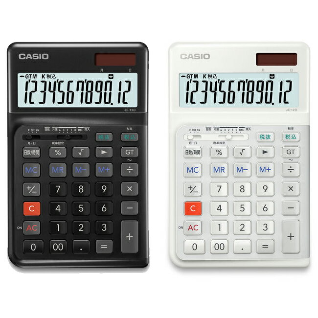 カシオ CASIO JE-12D の 商品概要 人間工学段階キー 人が電卓に合わせるのではなく、電卓が人に合わせる。 Point 1：右手が斜めの状態で操作 Point 2：打鍵方向は常に垂直 人に寄り添ったやさしいデザイン 曲線を多用することで、全体的に丸みのある柔らかな印象のデザインに。使っていて心地よいカタチを目指しました。 操作面に角度をつけたことにより生じる高低差を曲線で処理することで、新しさを感じさせながらも電卓として違和感のない造形に仕上げました。 角の丸みのサイズを右側だけ小さくしたり、アルミパネルの位置をずらして配置するなど左右非対称にすることで個性を演出しています。 裏面に、どの方向から持っても指がかかりやすいように波紋状に溝を配置。使いやすさを追求し、普段目につかない部分にも気を配ってデザインしています。 早打ちにこだわったキー性能 ■素早い入力に対応する早打ち機能 入力時、キーから指を離す前にキーを押しはじめても、次の次のキーまでしっかり認識（3キーロールオーバー）。 ■打ちやすさを追求したキー配列・形状 長年のノウハウを活かしスピーディーに計算をするためのキー配列を追求。さらに、人間工学に基づきキーのカタチを指の動きに合わせて配列ごとに変え、快適な操作を実現。 ■抜群のタッチ感と数字が消えない2色成型樹脂キー 指になじみやすいなめらかな表面仕上げ。さらに、数字が消えない2色成型構造を採用（一部キーを除く）。 ストレスなく使える快適性能 ■周りを気にせず計算に集中できる サイレントタッチキー タッチ音が気にならない静音設計です。デスクワークやテレワーク、簿記などの試験にも最適です。 ■すべりを抑えて打ちやすい 大型ストッパー 本体裏面に大型ストッパーを4個採用しています。操作時のすべりを抑え快適な計算を可能に。 ■光がさえぎられても計算可能な T・W・P（ツーウェイ・パワー） ソーラーと内蔵電池のツーウェイ・パワー方式。計算中に光がさえぎられても計算内容を保護します。 計算ミスの防止に役立つ視認性 ■打ち間違いなどの軽減に効果的な計算状態表示機能 計算状態（＋-×÷）を常に画面表示し、計算ミスを軽減します。 ■表示が見やすい大型ディスプレー 文字が大きく見やすい大型液晶が正確な計算をサポートします。 ＜製品仕様＞ ●製品タイプ：ジャストタイプ（手に持っても卓上でも） ●桁数：12桁 ●液晶ディスプレイ：計算状態表示、3桁位取り表示 ●メモリー数：2 ●電源：T・W・P（ソーラー・電池の2電源） ・電池：CR2025×1 ・電池寿命：約7年（1日1時間使用時） ・オートパワーオフ ●サイズ：（奥行×幅×高さ）177.5×111×24.4mm ●質量：210g