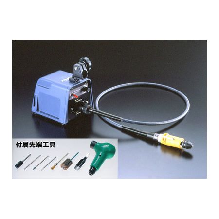 【商品説明】●フレキシブルシャフトでモーターの回転を伝えるハイパワーな電動回転工具。低回転でもトルク低下しない電子回路を採用。木彫ヘッド付属で木彫も可能です。工作等の趣味での使用はもちろん、プロユースもこなすモーターツール。●電源：AC100V　1A　50/60Hz　出力90W●本体奥行き（mm）：145●本体幅（mm）：105●本体高さ（mm）：98●フレキ長さ（cm）：100●回転数（min-1）：5,000〜14,000●定格(連続)時間（分）：30●チャック能力（mm）：0.5〜3.2●付