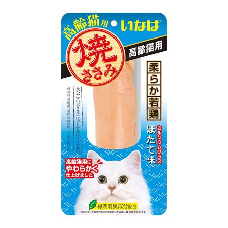【商品説明】●高齢猫用の焼ささみ。成猫用に比べ、身が柔らかく水分を多めに仕上げました。●ほぐして与える等、食べやすい大きさにしてお与えください。●ほたて味はカルシウム配合。●原材料：鶏肉(ささみ)、ほたてエキス、でん粉、増粘多糖類、ミルクカルシウム、ビタミンE、緑茶エキス●保証成分：たんぱく質21.0％以上、脂質1.1％以上、粗繊維0.1％以下、灰分1.5％以下、水分76.0％以下●エネルギー：約35kcal/本●賞味期限：18ヶ月●原産国または製造地：中国(自社工場)●いなば イナバ INABA INABA 猫 おやつ 間食