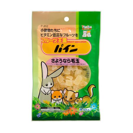 株式会社スドーメーカーお問い合わせ：052-936-4891【商品説明】●新鮮なパイナップルを乾燥加工した小動物のおやつです。●豊富なビタミン、タンパク質消化酵素ブリメロンを含むため、消化を助けたり、お腹にたまった毛玉を溶かす働きがあります。●原材料：乾燥パイナップル●保証成分：粗タンパク0.40％以上、粗脂肪0.10％以上、粗繊維0.40％以下、水分11.0％以下●給与方法：おやつやごほうびとして与えるか、主食に少量を混ぜて与えてください。●賞味期限：製造日より2年●適応動物：ハムスター、ウサギ、モルモットなど●保管方法：高温多湿、直射日光を避け、涼しい場所に保管してください。夏期は冷蔵庫での保管をおすすめしますが、必ず室温に戻してから与えてください。●原産国または製造地：タイ●小動物 おやつ 間食 果物 フルーツ 乾燥 ドライ