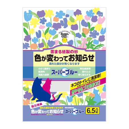 【商品説明】●ネコは清潔で安心なトイレが大好き！固まる紙製の猫砂。●濡れた部分が鮮やかな青色に変わってお知らせします。●高分子ポリマーとパルプの働きで水分と尿のニオイをす早く吸収しブルー色に変わります。●再生紙を使用していますので燃えるゴミとして処理ができ、水洗トイレにも流せます。●水分を吸収した部分は小さく固まるので捨てる量が少なく経済的です。●消臭力も抜群です。●材質：再生紙・吸水性ポリマー●商品サイズ：W300×D400×H60mm●原産国または製造地：日本●諸注意：・スーパーブルーはネコのトイレ砂以外の用途には使用しないでください。・使用上の注意をよく読んでご使用ください。・子供やペットの手の届く場所に保管しないでください。・この製品と袋は食べられません。誤って口にした場合には、医師の診断を受けてください。・空き袋をかぶったり、オモチャにして遊ばないこと。・砂の入れ替えの際に粉が立つことがありますので、換気を心掛けてください。・使用後は燃えるゴミとして出すか、トイレに流してください。地域によって各自冶体の指導がある場合はそれに従って処理をしてください。・この袋には小さな穴が開いていますので、水気のあるものを入れるとモレ出します。・固まりは必ず1回につき約40cc(ゴルフボールくらい)を目安に流してください。大きい固まりの場合は40cc以下に崩してから流してください。・固まりを流す際に、多量のトイレットペーパーを一緒に流すとトイレが詰まる原因になりますのでおやめください。複数回流す場合は、続けて流さずに必ず1回おきに水だけを流してください。洗浄は必ず「大」で流してください。水流が弱いとトイレに詰まる可能性があります。またタンクに水が十分にたまってから流してください。・1日に流す量は、目安(約40cc)の固まり5個までとしてください。これ以上の量を処理する場合は燃えるごみとして処理してください。・乾燥して固くなった固まりはトイレに流さずに燃えるごみとして処理してください。(お住まいの地方自治体の定める方法に従って処理をしてください)・節水型トイレ・浄化槽式トイレには流さないでください。・和式型水洗トイレに流す場合は、前方の水たまり面に流してください。・トイレの配管の状況を確認しながら定期的な清掃をしてください。・リサイクル原料を使用しておりますので一部色のついた不純物が混じる場合があります。●猫 砂 猫砂 トイレ 紙 再生紙 トイレタリー 固まる