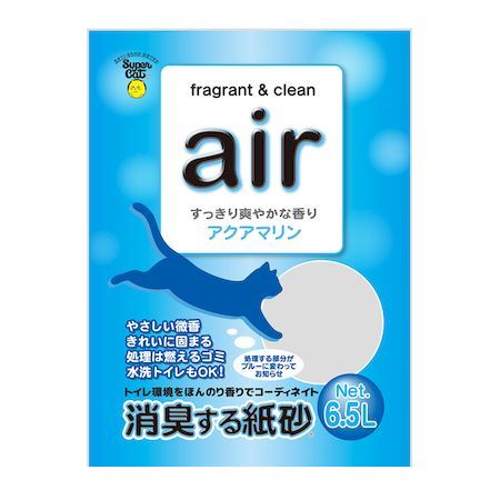 【商品説明】●すっきり爽やかな香りの固まる紙製の猫砂アクアマリン。処理する部分がブルーに変わってお知らせします。●トイレを清潔な環境にしながらほんのり、ほのかに香る消臭する紙砂。●砂に香りがついていますので、混ぜるタイプの香りの粒は必要ありません。●再生紙を使用していますので燃えるゴミとして処理ができ、水洗トイレにも流せます。水分を吸収した部分は小さく固まるので捨てる量が少なく経済的です。●材質：再生紙・香料●商品サイズ：W300×D400×H60mm●原産国または製造地：日本●諸注意：・airはネコのトイレ砂以外の用途には使用しないでください。・使用上の注意をよく読んでご使用ください。・子供やペットの手の届く場所に保管しないでください。・この製品と袋は食べられません。誤って口にした場合には、医師の診断を受けてください。・空き袋をかぶったり、オモチャにして遊ばないこと。・砂の入れ替えの際に粉が立つことがありますので、換気を心掛けてください。・使用後は燃えるゴミとして出すか、トイレに流してください。地域によって各自冶体の指導がある場合はそれに従って処理をしてください。・この袋には小さな穴が開いていますので、水気のあるものを入れるとモレ出します。・固まりは必ず1回につき約40cc(ゴルフボールくらい)を目安に流してください。大きい固まりの場合は40cc以下に崩してから流してください。・固まりを流す際に、多量のトイレットペーパーを一緒に流すとトイレが詰まる原因になりますのでおやめください。複数回流す場合は、続けて流さずに必ず1回おきに水だけを流してください。洗浄は必ず「大」で流してください。水流が弱いとトイレに詰まる可能性があります。またタンクに水が十分にたまってから流してください。・1日に流す量は、目安(約40cc)の固まり5個までとしてください。これ以上の量を処理する場合は燃えるごみとして処理してください。・未使用品や長期に保管されて固くなったものは流さないでください。・乾燥して固くなった固まりはトイレに流さずに燃えるごみとして処理してください。(お住まいの地方自治体の定める方法に従って処理をしてください)・節水型トイレ・浄化槽式トイレには流さないでください。・和式型水洗トイレに流す場合は、前方の水たまり面に流してください。・トイレの配管の状況を確認しながら定期的な清掃をしてください。・トイレの配管が細い場合や浄化槽のタイプにより詰まる可能性があります。●猫 砂 猫砂 トイレ 紙 再生紙 トイレタリー 消臭