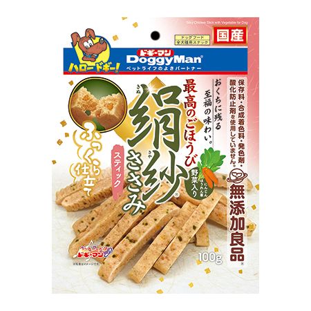 【商品説明】●原産国：日本●内容量：100g●賞味期限：360日●原材料：肉類（鶏ササミ、鶏胸肉、鶏肉）、小麦粉、糖類、タピオカでん粉、植物油脂、野菜類（ほうれん草、にんじん）、コラーゲンペプチド、魚軟骨抽出物（コンドロイチン含有）、グリセリン、トレハロース、ソルビトール、膨張剤、ミネラル類（ナトリウム）、ポリリン酸ナトリウム、着色料（クチナシ、ルテイン、クロレラ）、グルコサミン●エネルギー100g当たり（kcal）：320kcal●商品説明：ササミたっぷり、新食感のおやつ。にんじん・ほうれん草入り。