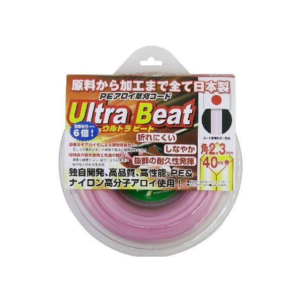 【商品説明】●折れにくい、しなやか、抜群の耐久性の草刈用ナイロンコードです。●原料から加工まですべて日本製です。●独自開発、高品質、高性能、PE＆ナイロン高分子アロイ使用。●石ころや異物が多い不整地でも驚異の耐摩耗性を発揮。●適度な高度とコシ、粘りにより心地良い操作性と切れ味を実現。●規格：角2.3mm 40m巻刈払い　刈払機　ナイロンコード　斎藤撚糸　サイトウ撚糸　雑草　雑草対策　除草　草刈
