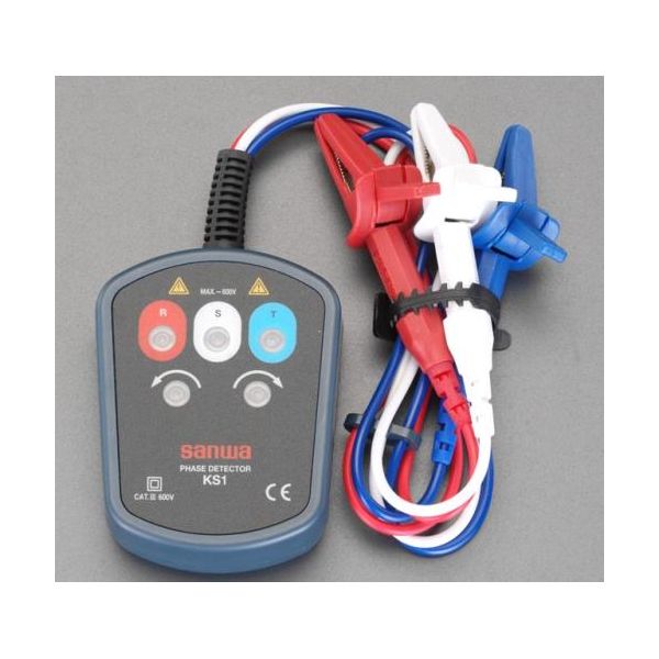 エスコメーカーお問い合わせ：06-6532-6226●使用電圧範囲…3相　AC100V〜500V●使用周波数範囲…45Hz〜70Hz●順相、逆相、欠相をLED表示●使用温度範囲…0℃〜40℃●サイズ…本体：78×32.5×102mm、　テストリード：約60cm(赤・白・青)●重量…約212g(テストリード含)●ケース付