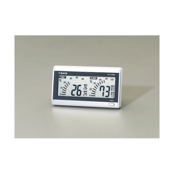 エスコメーカーお問い合わせ：06-6532-6226●測定範囲…温度：−10〜50℃、　　　　　　　　湿度：20〜95%RH●分解能…温度：1℃、湿度：1%RH●精度…温度：±1℃(10〜40℃)、　　　　　　　　　±2℃(その他の範囲)、　　　　　湿度：±5%RH　　　　　　　　　(40〜70%RH、15〜35℃において)、　　　　　　　　　±7%RH(その他の範囲)●バーグラフ表示…温度：0〜50℃、　　　　　　　　　　　　湿度：0〜100%RH●測定サンプリング周期…毎10秒●センサー…温度：サーミスタ、　　　　　　　 湿度：電気抵抗変化型湿度センサー●機能…最大最小温湿度表示●電源…単4電池×1本(付属)●電池寿命…約1年　（温度20℃、湿度50%RH、マンガン電池使用）●サイズ…150(W)×17(D)×85(H)mm●重量…135g(電池含む)●材質…ABS樹脂、アクリル樹脂●卓上にも壁掛にも使える温湿度計●※付属電池はテスト電池ですので新しい電池をご購入下さい。