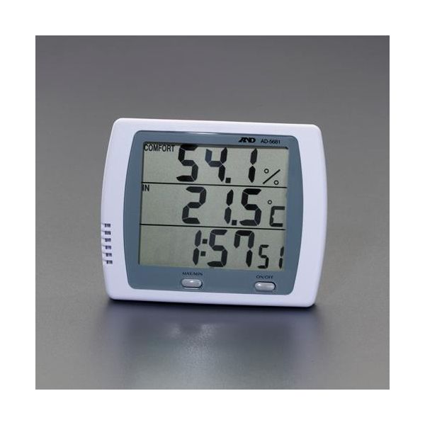 エスコメーカーお問い合わせ：06-6532-6226●測定範囲…温度：-10〜50℃　湿度：20〜100%RH●分解能…温度：0.1℃、湿度：0.1%RH●電源…単4電池×2本（付属）●電池寿命…約1年（アルカリ電池使用）●精度…温度：±1.0℃、湿度（25℃）：±5.0%RH（25.0〜69.9%RH）、±10.0%RH（70.0〜90.0%RH）●測定間隔…約5秒●機能…最大・最小値記録機能、快適表示、時計（12/24時間表示）、アラーム、スヌーズ●サイズ…112(W)×37(D)×90(H)mm●重量…135g（電池含む）●時計精度…±30秒/月●使用温度範囲…−10〜50℃（結露なきこと）●保存温度範囲…−10〜55℃（結露なきこと）●卓上にも壁掛けにも使える温湿度計●一つの画面で、温度・湿度・時刻を同時に表示食品衛生管理の手法の一つであるTT管理（Time Temperature Control）に適しています●最高/最低温度・湿度の自動メモリー機能●不快指数に基づいて、快適さのめやすを表示（ウォーム”WARM”、クール”COOL”、快適”COMFORT”表示）●※付属電池はテスト電池ですので新しい電池をご購入下さい。