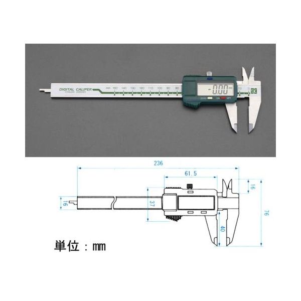 エスコメーカーお問い合わせ：06-6532-6226●左利き用●測定範囲…0〜150mm●最小目盛…0.01mm●最大誤差…±0.03mm●ジョウの長さ…40mm●全長…236mm●電源…SR44×1個(付属)●重量…150g●材質…ステンレス●デプスバー付●※付属電池はテスト電池ですので新しい電池をご購入下さい。