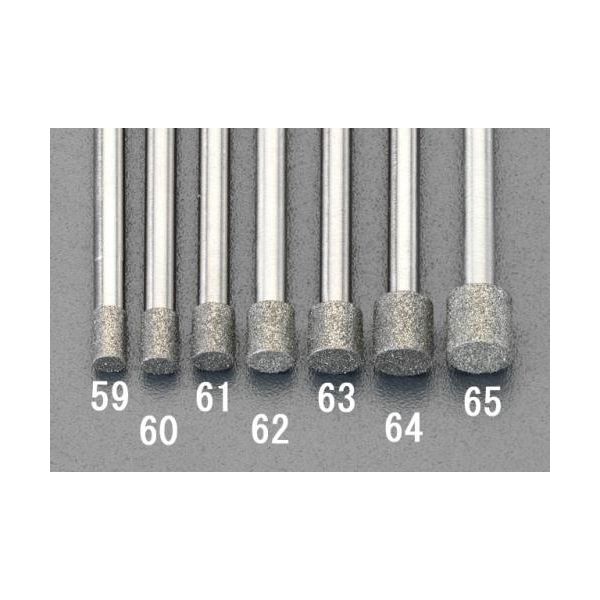 エスコメーカーお問い合わせ：06-6532-6226●軸径…3.0mm●全長…50mm●粒度…＃120●刃径×刃長…5.5×6mm●最大回転数…70000rpm