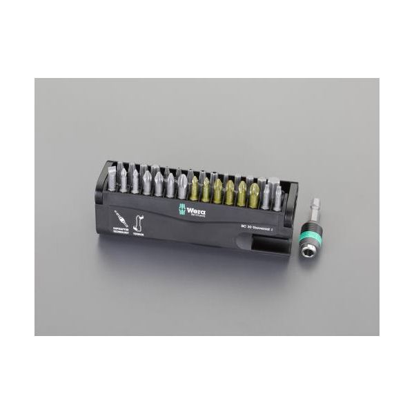 エスコメーカーお問い合わせ：06-6532-6226●ビットホルダー…50mm(六角対辺1/4”)●(＋)ビット…#1(2本)・#2(3本)・#3●(−)ビット…5.5mm●ポジドライブビット…#1(2本)・#2(3本)・#3●TORXビット…T10・T15・T20・T25・T30・T40●TORXビット(イジリ止付)…T10・T15・T20・T25・T30●Hexビット…3・4・5・6・8mm●ビット全長…25mm