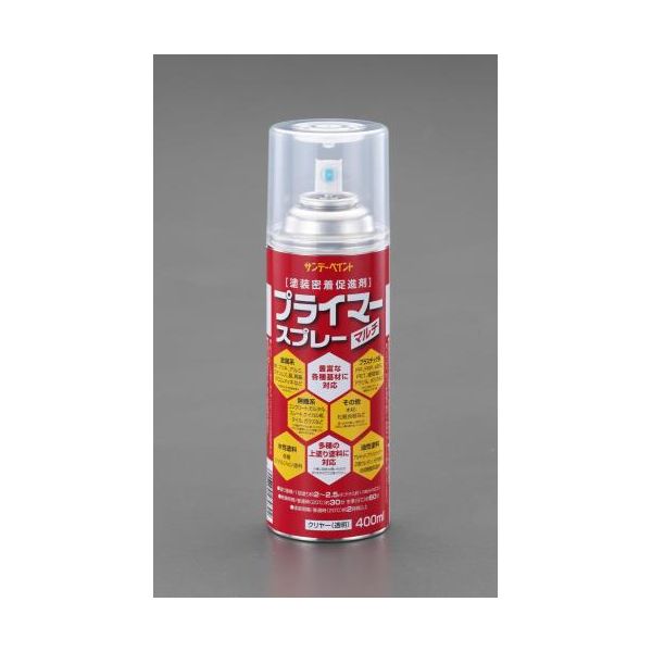 エスコメーカーお問い合わせ：06-6532-6226●内容量…400ml●乾燥時間（指触）…夏季(20℃)：約30分　　　　　　　　　　　　　　冬季(5℃)：約60分●塗装間隔…夏季(20℃)：約2時間　　　　　　　　　冬季(5℃)：約3時間●塗り面積(1回塗り）…約2〜2.5m2●塗り面積(2回塗り）…約1〜1.25m2●用途…　・無機系：コンクリート、モルタル、スレート、ケイカル板、磁器、陶器タイル、ガラス等　・プラスチック系：PP、FRP（船舶除く）、ABS、PET、硬質塩ビ、アクリル、ポリカ等　・金属系：鉄、ブリキ、アルミ、ステンレス、銅、真鍮、クロムメッキ等●特長…　・塗料の密着が悪い素材に下塗していただくことで、上塗り塗料との密着を高めます。　・ラッカーや水性・油性等、各種塗料の上塗りが可能です。●注意事項…　・PE、発泡スチロール、壁紙等には不向です。　・また吸込みの激しい素材は2回以上重ね塗りをして下さい。　・漆喰、ケイカル板、タイルやガラスは種類によって密着しない場合があります。●うすめ液…不要●材質…容器：スチール　キャップ、フィルム、ボタン：プラスチック●サイズ…φ65×215(H)mm●重量…430g●カラー…クリアー●油性タイプ