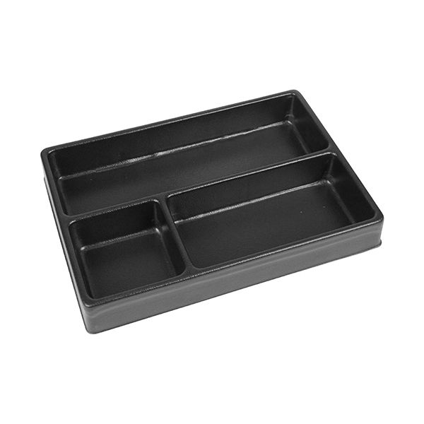 【商品説明】【用途】道具・工具類の収納保管。【機能・特徴】引出し内の工具やパーツの整理整頓に便利なトレイです。チェスト、ローラーキャビネットに組合せ自在です。【仕様】●外寸：幅190×奥270×高さ38mm。●小間内寸：幅80×奥250×高さ37mm×1。●小間内寸：幅80×奥165×高さ37mm×1。●小間内寸：幅80×奥75×高さ37mm×1。【材質】●PVC。作業工具 ソケット キャビネット