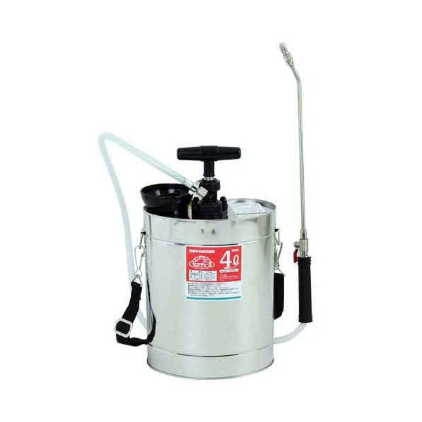【用途】噴霧作業。【機能・特徴】庭木の殺虫・消毒に最適です。軽くてさびにくいステンレスタンクです。ボールコックのため液漏れしにくいです。レバーコックの操作でタンク内の液体を連続噴霧できます。【仕様】●タンク容量：4L。●樹脂ポンプ・重量：900g。●ノズル長さ：35.5cm。●常用最高圧力：3kg/cm2。●耐圧力：10kg/cm2。●タンク：ステンレス。【注意事項ほか】本来の用途以外には使用しないで下さい。使用前には本体あるいは部品にがたつき、緩みが無いことを確認してくだ園芸機器 噴霧器 金属製噴霧器