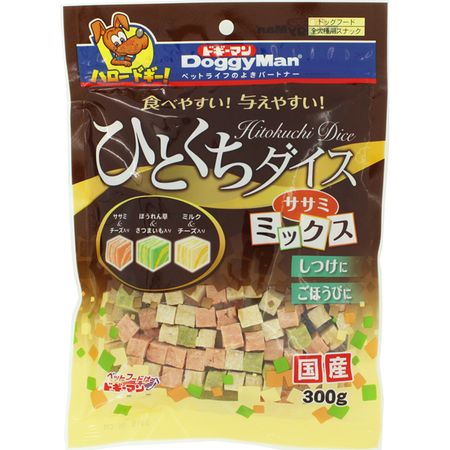 【商品説明】●日本●12ヶ月●内容量300g●粗たん白質:10.5%以上、粗脂肪:1%以上、粗繊維:1%以下、粗灰分:4.5%以下、水分:35.5%以下●280kcal/100g●小麦粉、肉類（鶏ササミ、鶏肉）、チーズ、糖類、ゼラチン、さつまいも、ほうれん草、脱脂粉乳、グリセリン、プロピレングリコール、着色料（酸化チタン、黄4、黄5、赤106、青1）、ソルビトール、保存料（ソルビン酸カリウム）、ミネラル類（ナトリウム）、pH調整剤、膨張剤、酸化防止剤（エリソルビン酸ナトリウム）、香料