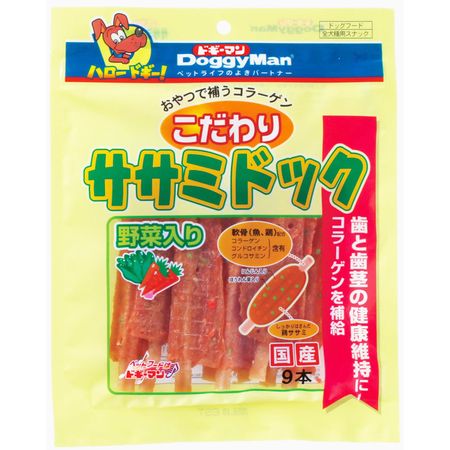 【商品説明】●日本●12ヶ月●内容量9本●粗たん白質：25％以上、粗脂肪：4％以上、粗繊維：0．5％以下、粗灰分：3％以下、水分：20％以下●350Kcal/100g●鶏肉（ササミ、胸肉、軟骨）、コーンスターチ、小麦粉、魚肉（白身魚、軟骨）、にんじん、ほうれん草、ソルビトール、プロピレングリコール、ミネラル類（ナトリウム）、リン酸塩（Na）、酸化防止剤（ビタミンC、ビタミンE）、発色剤（亜硝酸ナトリウム）、着色料（赤102、赤106、黄4、青1）