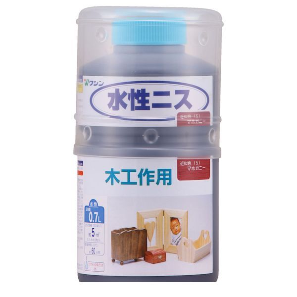 和信ペイントメーカーお問い合わせ：0480-48-2725【商品説明】●着色とつや出しが同時にできる工作用ニス●屋内に飾る木の工作品●塗り面積（2回塗り）：約5m2（畳約3枚）●乾燥時間（20℃）：約1時間●うすめ液：水（水道水）塗料　DIY　ニス　ホビー