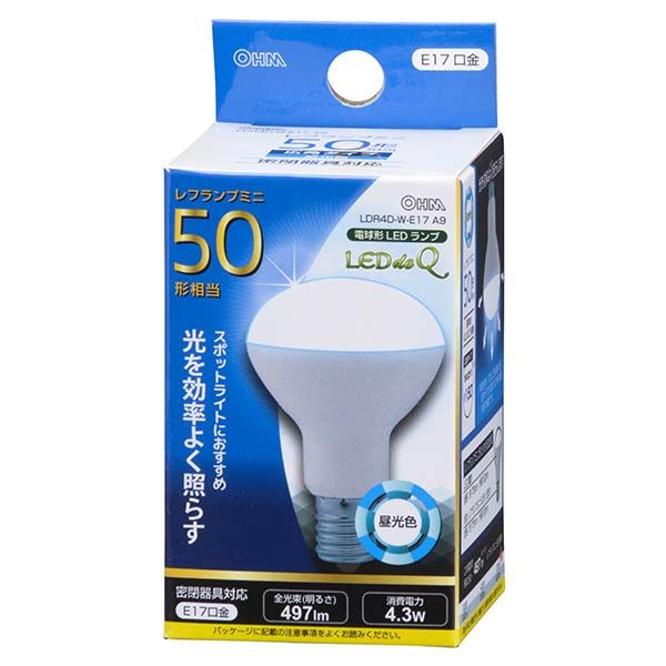 文具のブングットのオーム電機 LDR4D-W-E17 A9 LED電球 レフランプミニ形 50形相当／497lm／昼光色／E17／配光角150°／密閉形器具対応 LDR4D−W−E17 A9 LDR4DWE17A9 ミニレフランプ形 密閉器具対応｜アングル2