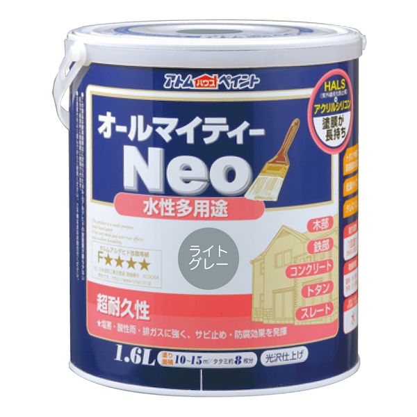 【商品説明】※色見本はご使用端末により若干の誤差がございますので、ご注意ください。【特長】・長期耐候を実現するアクリルシリコン樹脂とHALS（紫外線劣化防止剤）配合で、さらに色・ツヤが持続します。・カラーやサイズのバリエーションも豊富で学園祭や体育祭、文化祭をはじめ本格的な建築用途まで幅広い用途、幅広いお客様から支持されている塗料です。・別売りの「アトム　つや調整剤」を使用することで、オールマイティーネオのつやを調整することができます。【属性・仕上がり感・塗り回数】・水性つやあり仕上げ/1回塗り（薄く2回塗りを推奨）【用途】・（コンクリート）　モルタル、ブロック、外かべ等・（スレート）　スレート屋根、スレート瓦・（トタン（屋根除く））　トタン板、下見トタン【塗り面積】・84ML :0.8m2(タタミ枚数換算約 0.5枚)・200ML :　2m2 (タタミ枚数換算約 1.3枚)・0.7L :5 〜 7m2 (タタミ枚数換算約 4枚)・1.6L : 10 〜 15m2 (タタミ枚数換算約 8枚)・ 3L : 19 〜 28m2 (タタミ枚数換算約 14枚)・ 7L : 50 〜 70m2(タタミ枚数換算　約 35〜45枚)・ 14L :100〜140m2(タタミ枚数換算　約 70〜90枚) 【表面乾燥時間】・夏期　約1時間、冬期　2〜3時間※気温23度、湿度50%時の場合。【うすめ液/刷毛洗い】・通常/不要、濃い時/水・ハケ洗い：水【使用上の注意】・鉄部の塗装は錆が激しい場合、さび止め塗料を塗ってからの上塗りをお奨めします。・冬季は乾燥不良を避けるため、日中に塗装が終了するように作業してください。結露等により、剥がれの原因となります。 塗料 塗装 ペンキ 水性 塗り替え 木 雨戸 戸袋 羽目板 鉄 フェンス 門扉 コンクリート ブロック スレート リシン モルタル 壁 かべ アクリルシリコン樹脂 長持ち 超耐久 工作 学校 発泡スチロール 段ボール ダンボール 紙 文化祭 学園祭 体育祭 イベント 多用途 無臭 速乾 ウッドデッキ ラティス トレリス