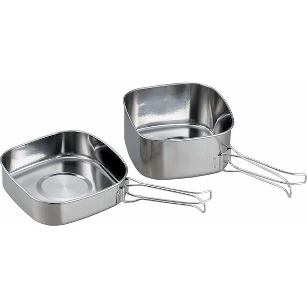 【商品説明】●蓋・皿・フライパン、3つの用途を使い分け。●省スペース収納の折りたたみ式ハンドル。●バーナー等の収納スペースとしても◎。●商品サイズ：角型鍋／275×165×67mm（満水容量：1.08L）、フタ兼用角型フライパン／290×175×38mm（満水容量：0.68L）●材質：角型鍋／ステンレス鋼、フタ・角型フライパン／ステンレス鋼、ハンドル／ステンレス鋼、収納袋／ポリエステル・ポリプロピレン・鉄●仕様：直火専用、付属品／メッシュポーチGO−11　GoGoキャンプメシ　ポータブルキャンピング角型鍋2点セット