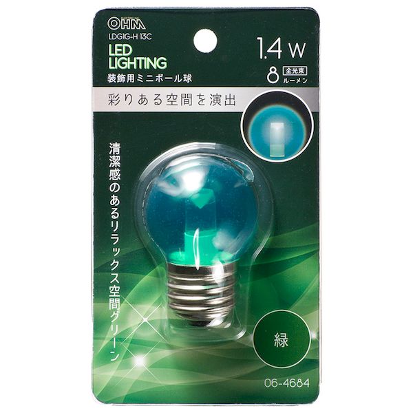 オーム電機メーカーお問い合わせ：0120-963-006【商品説明】特　徴●LED電球 ミニボール球形 装飾用●清潔感のあるリラックス空間グリーン●切れにくく長寿命●消費電力が少なく、電気代が安い●一般電球と比べ発熱が少ない●緑色 クリア●口金はE26仕　様●寸法：全長61×最大径40mm●質量：31g●定格消費電力：1.4W●定格電流：15mA●全光束：8 lm●定格寿命：30000h●形状：G40※室内専用（屋外使用禁止）※100V 50/60Hz※次のような器具には使用できません。・調光機能のついた器具（100%点灯でも使用不可）・誘導灯、非常用照明器具・水銀灯器具など・断熱材施工器具（SB、SGl、SG形表示器具など）・直流電源・一般照明用※このほか使用器具の種類によって寸法的、熱的、その他の状況（リモコン機器のついた器具など）により使用できない場合があリます※また、人感スイッチなど自動点灯装置、遅れスイッチや表示付きスイッチなどに使うと正常な作動ができない場合があります