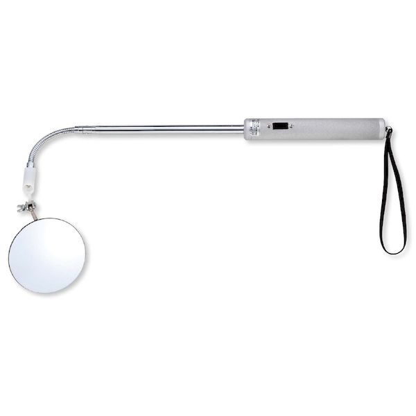 新潟精機メーカーお問い合わせ：0256-31-5660【商品説明】用途●車のエンジンルームや機械内部の確認に特徴●保護フィルムを貼ることで、鏡が割れた際に飛散を防止します。●暗く見えにくい場所に便利なライト付です。●高寿命、省電力なLEDライトです。●フレキシブルシャフトで位置調整が自由自在です。●アンテナ式で長さ調整が可能です。●見やすいφ100平面鏡です。仕様●ミラー寸法(mm)：φ100●全長(mm)：-●柄の長さ(mm)：-●グリップ幅(mm)：-●倍率(倍)：-●電源：単3形乾電池x2(テスト用付属)●LED球(V、mA)：3、