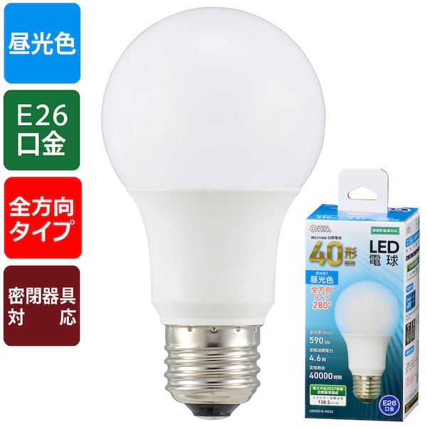 オーム電機メーカーお問い合わせ：0120-963-006【商品説明】特　徴●定格寿命40000時間●白熱電球40形相当の明るさ●配光角約280°の全方向タイプ●密閉形器具対応●省エネ法2027年度目標基準達成●昼光色●口金 E26●LED5年保証対象商品仕　様●寸法：全長…110mm、最大径…60mm●質量：48g●定格消費電力：4.6W●定格入力電流：50mA●全光束：590 lm●エネルギー消費効率：128.2 lm/W●平均演色評価数：Ra83●定格寿命：40000h※屋内用（屋外使用禁止）※交流電源 100V 50/60Hz 共用【ご注意】※次のような器具には使用できません・調光機能のついた器具（100%点灯でも使用不可）・誘導灯、非常用照明器具・水銀灯器具など・断熱材施工器具（SB・SGI・SG形表示器具など）・ランプと反射板の距離が狭い器具・直流電流※このほか使用器具の種類によって寸法的、熱的、その他の状況（リモコン機器のついた器具など）により使用できない場合があります※ご使用になられる照明器具の構造によっては、放熱不良で短寿命となることがあります※密閉器具でのご使用の場合、器具の寸法の大きさにより、使用できない場合や寿命が短くなる場合があります※人感スイッチなど自動点滅装置や遅れ停止スイッチなどには使用できない場合があります※交流100V、周波数50/60Hz以外の電源では使用しないでください※ランプ周囲温度が40℃を超える場所では使用しないでください