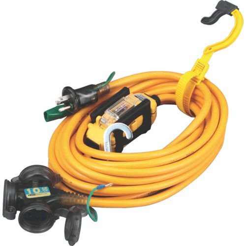 ハタヤメーカーお問い合わせ：0120-686-888【特長】●漏電・使いすぎをコンセントの手前で遮断できる漏電遮断器を簡単に設置できます。●完全防雨構造なので、雨中でも安心して使えます。●衝撃に強いゴム製プロテクターです。●吊り下げて使える便利なフック付です。●防雨型2P/2P接地付プラグのどちらでもすき間なくはまる兼用コンセントを採用しています。【用途】●各種電動工具（100V）、各種照明機器（100V)、水中ポンプショーケース、庭園灯などに。●リフォーム工事中などに元電源を落としてしまうトラブルを回避【仕様】●色：イエロー●電線仕様長さ(m)：10●電線仕様太さ(［［MM2］］)：2.0●電線仕様芯数(C)：3●コンセント仕様定格：2P・15A・125V アース付●コンセント仕様形状：［［三相1］］●コンセント仕様個数：3●接地アース：○●パイロットランプ：○●とび出しプラグ：○●漏電遮断器仕様：漏電地絡保護専用●電線種：ソフトVCT【仕様2】●AC100V●電線種別：ソフトVCT●防雨型コンセントキャップ【材質／仕上】●ケーブル:軟質塩化ビニール●ブレーカーカバー:ABS●フック:SPC●フックホルダー:P.P【原産国】日本