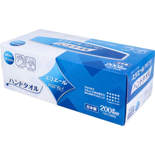 ティシューのように取り出せるペーパーハンドタオル。タオル代わりに！手や口をふくたび、心地よいやわらかさ。●お手ふき・お口ふき用。●素肌にやさしいやわらかな肌ざわり。●しっかりふき取れる安心の吸水力。●パルプ100%でつくられています。●側面の開け口から取り出し、ペーパータオルケースやホルダーに移しかえて使用できます。【寸法】たて201mm×よこ213mm【材質】パルプ：100％【注意】・パルプ100%でつくられています。・蛍光染料は使用していません。・詰まり防止のために、流しやトイレには流さないでください。・可燃物です。火のそばに置かないでください。・においの強い物の側に保管すると、においが移ることがあります。
