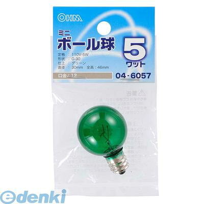 オーム電機0120-963-006●透明カラーによりキラリと輝きが見えます。●装飾、電飾用に使用されます。●定格：110V−5W●形状：G−30●口金：E12●色：グリーン●直径30×長さ46mm≪G−30（径30mm）タイプ、G−25（径25mm）タイプのミニボール球ラインアップ≫形状口金区分色商品番号備考G30（径30mm）E175Wクリア04-648410Wクリア04-6485イエロー04-9801※納期10日程度グリーン04-9802※納期10日程度レッド04-9803※納期10日程度ブルー04-9804※納期10日程度ピンク04-9805※納期10日程度15Wクリア04-630520Wクリア04-6486E125Wクリア04-6481ホワイト04-6330イエロー04-6056※納期10日程度グリーン04-6057※納期10日程度レッド04-6058※納期10日程度ブルー04-6059※納期10日程度ピンク04-6060※納期10日程度10Wクリア04-648215Wクリア04-630420Wクリア04-6483G25（径25mm）E1215Wクリア04-6331※納期10日程度&nbsp;