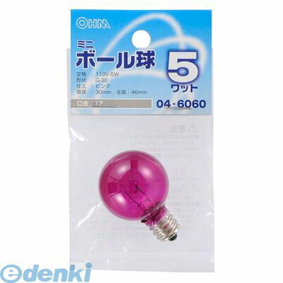 オーム電機0120-963-006●透明カラーによりキラリと輝きが見えます。●装飾、電飾用に使用されます。●定格：110V−5W●形状：G−30●口金：E12●色：ピンク●直径30×長さ46mm≪G−30（径30mm）タイプ、G−25（径2...