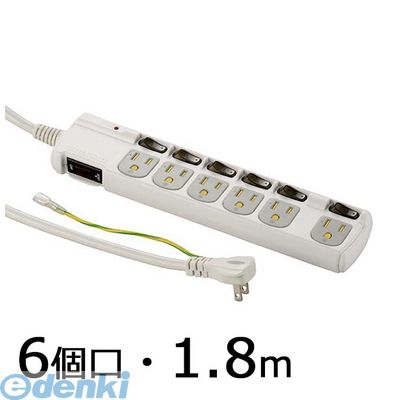 オーム電機 HS-T1259W 雷ガード・ブレーカー・個別スイッチ付 3Pプラグ対応 節電タップ 6個口 1．8m HS-T1259W HST1259W