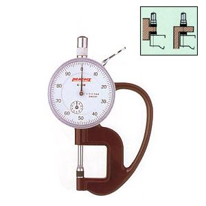 ・ダイヤルシックスネゲージは、小物部品、ゴム、フェルト紙などの厚みをレバー操作で迅速に測定できるハンディタイプの測定器です。用途に合わせ豊富な器種よりご選択できます。G、Hタイプはピーコック最大の特長であるフレーム部、ゲージ部一体型構造で作業性、耐久性に優れております。・測定子・アンビルセラミック製・測定子・アンビルφ6フラット・フレーム・ゲージ部一体型タイプ・目量：0.01mm・測定範囲：0〜10mm・測定深さ：20mm・指示誤差：±20μm・測定子：直径6mm、平行度5μm・測定力：1.8N以下　