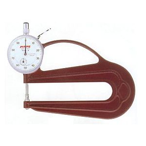 ・ダイヤルシックスネゲージは、小物部品、ゴム、フェルト紙などの厚みをレバー操作で迅速に測定できるハンディタイプの測定器です。用途に合わせ豊富な器種よりご選択できます。G、Hタイプはピーコック最大の特長であるフレーム部、ゲージ部一体型構造で作業性、耐久性に優れております。・測定子・アンビルφ5フラット・フレーム・ゲージ部一体型タイプ・目量：0.01mm・測定範囲：0〜10mm・測定深さ：120mm・指示誤差：±20μm・測定子：直径5mm、平行度5μm・測定力：1.8N以下　