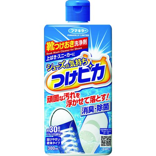 フマキラーメーカーお問い合わせ：0077-788-555【特長】●洗浄液につけて軽くこするだけで、しつこい汚れもすっきり落とします。●優れた抗菌・除菌効果を発揮します。●色落ちなし●金具のついた靴にも使えます。【用途】●金具のついたスニーカー等の洗浄に【仕様】●容量(ml)：300【原産国】日本