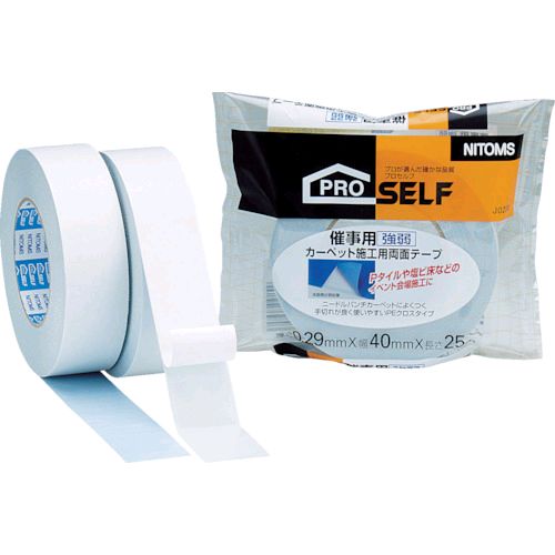 ニトムズメーカーお問い合わせ：03-3544-0615【商品説明】【特長】●強弱タイプでのり残りもしにくい両面テープです。●平らな面からザラザラ面まで、柔軟性のある厚手タイプの両面テープです。【用途】●ベニヤ板など建材の仮接着、タイルカーペット、玄関マットの固定に。【仕様】●色：ブルー●幅(mm)：40●長さ(m)：25●厚さ(mm)：0.29【仕様2】●粘着力：3.6(1面)/9.1(2面)N/10mm●手で切断可能【材質／仕上】●基材:ポリエチレンクロス●粘着剤:ゴム系（白色/カーペット面）、アクリル系（青色/床面）