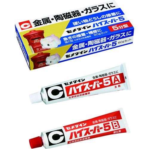 セメダインメーカーお問い合わせ：0120-58-4929【特長】●硬質材料に最適です。●耐熱性、耐水性、耐薬品性に優れます。●混合して5分後から硬化が始まります（23℃）。●主剤を青色に着色しており、混合が完了すると青色が消えます。【用途】●日曜大工に。●プラモデル、金属模型、釣り具の制作、補修に。【仕様】●色：硬化後淡色透明●色(主剤/硬化剤)：青色半透明/淡黄色半透明●容量(g)：80【仕様2】●硬化時間（23℃）：1時間●可使時間（23℃）：5分●2液混合型●チューブタイプ【材質／仕上】●主成分:エポキシ樹脂(主剤)、ポリチオール(硬化剤)【セット内容／付属品】●A液（主剤）40g　B液（硬化剤）40g●ヘラ、ねり板●ヘラ●ポリ板【原産国】日本　