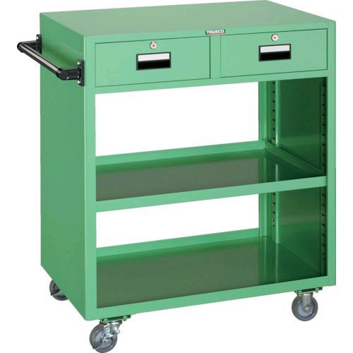 【特長】●引出しはシリンダ錠付で工具部品の管理に役立ちます。●天板面がフラットであるため、簡易な作業が可能です。【仕様】●最大積載量(kg/台)：150●均等積載量(kg/段)：40●色：ヤンググリーン●間口(mm)：750●奥行(mm)：500●高さ(mm)：880●棚板調整ピッチ(mm)：30●キャスター：固定式 75mm(2個) 自在式(ストッパー付) 75mm(2個)【仕様2】●棚板調整ピッチ：30mm●平天板●棚板深さ：30mm(表裏両用)●シリンダー錠付【材質／仕上】●本体:スチール●キャスター金具:スチール●車輪:ウレタン【注意】●車上渡しのため、お客様での荷降ろしが必要です。●注文数が多い場合は、納期をいただくことがございますので事前にお問い合わせをお願いします。【原産国】日本