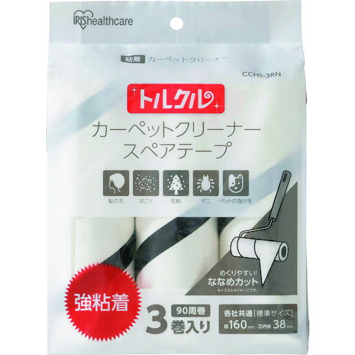 アイリスオーヤマメーカーお問い合わせ：0120-211-299【特長】●めくりやすい斜めカットシートを採用した強粘着タイプのカーペットクリーナーです。●各社共通タイプ（標準サイズ）です。【仕様】●テープサイズ：160mm幅×90周●色：ホワイト【材質／仕上】●基材：紙●粘着剤：合成ゴム系【原産国】中国