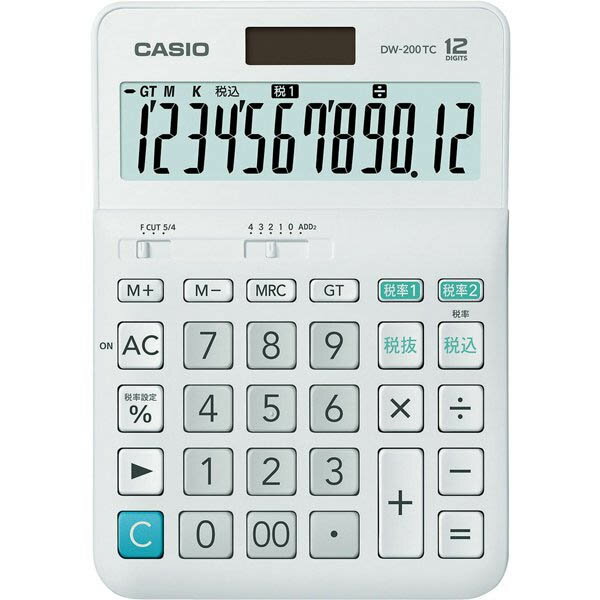 ●税計算の税率を2通り設定できます。 ●消費税の税込・税抜計算が行えます。税率も自由に設定でき、税金額も表示します。 ●従来の太陽電池付き電卓と異なり、計算途中で光がさえぎられても、内蔵電池によって計算内容を保護します。 ●入力ミスの修正に便利。最小桁の数値を一桁ずつ消せます。 ●小数の端数処理の選択が出来ます。（四捨五入／切り捨て） ●サイズ：179.0×126.0×30.9mm