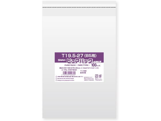 【商品説明】「ピュアパック」は海外製フィルムを使用したエコノミータイプのOPP袋です。Tシリーズは作業性の良いテープ付でワンタッチで封ができます。B5判等を入れるのに適しています。食品衛生法規格基準適合商品です。【仕様】●B5用●サイズ：厚0．03×幅195×高270＋テープ部分40mm●テープあり●食品衛生法規格基準適合商品●注文単位：1パック（100枚）【備考】※メーカーの都合により、パッケージ・仕様等は予告なく変更になる場合がございます。【検索用キーワード】シモジマ　しもじま　ピュアパック　ぴゅあぱっく　PUREPACK　SWAN　OPP袋　透明袋　クリアポケット　ビニール袋　厚0．03×幅195×高270＋テープ部分40mm　1パック　100枚　小分け　クリア　透明　とうめい　T19．5−27　6798324　テープあり　B5用透明度がよくツヤのあるOPP袋です。