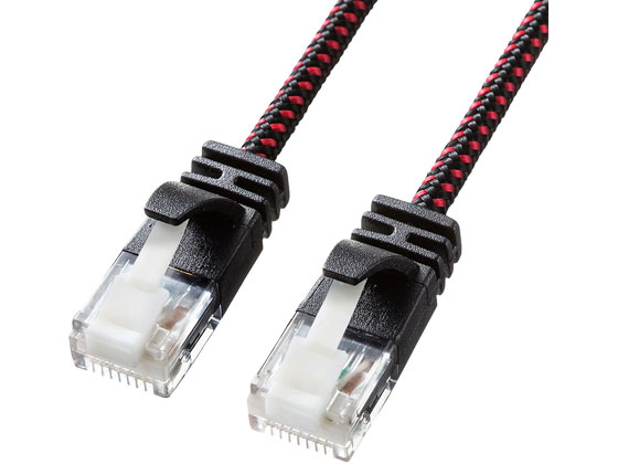 【商品説明】ケーブル品質とプラグ内のより戻しを極限まで抑えることにより、10GBASE（10Gbps）に完全対応します。カテゴリ5eの5倍、カテゴリ6の2倍の伝送帯域である500MHzをクリアします。メッシュ素材採用で引張強度200％を実現しています。ケーブル直径3．6mmで取り回しの良い、柔らかい細ケーブルです。【仕様】●カラー：ブラック＆レッド●ケーブル長：3m●コネクタ形状：RJ−45ツメ折れ防止コネクタ（ツメ折れ防止カバー付き）●ケーブル構造：より線、ストレート全結線●ケーブル直径：3．6mm●対応伝送帯域：カテゴリ6A（10GBASE−T）、カテゴリ6（1000BASE−TX）、カテゴリ5e（1000BASE−T）、カテゴリ5（100BASE−TX）、カテゴリ3（10BASE−T）適合●対応環境（機器）：ADSL回線（ADSLモデム）、ケーブルTV回線（CATVモデム）、光回線（FTTH超高速光インターネット）、デジタルテレビ、ハードディスクレコーダ（RJ−45ポートを持つ機種）、INS64（30m以下）【備考】※メーカーの都合により、パッケージ・仕様等は予告なく変更になる場合がございます。【検索用キーワード】サンワサプライ　SANWASUPPLY　さんわさぷらい　つめ折れ防止LANケーブル3m　LANケーブル　KB−T6AME−03BKR　カテゴリ6A　3m　配線用品　LANケーブルつめ折れ防止コネクタ、丈夫な細径メッシュ採用の10G対応CAT6A　LANケーブル。