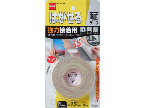 【商品説明】あとではがしたい用途に金属、プラスチック面でのポスター、プレート貼りつけ、工作などに【仕様】●サイズ：約幅15×厚さ0．16mm、長さ10m●材質：不織布、アクリル系粘着剤、紙【備考】※メーカーの都合により、パッケージ/仕様等は予告なく変更になる場合がございます。【検索用キーワード】ニトムズ　nitoms　にとむず　はがせるりょうめんてーきょうりょくこてい　1巻　はがせる両面テープ　T3830　しっかり貼れる　きれいにはがせる　約幅15×厚さ0．16mm　長さ10m　不織布　アクリル系粘着剤　紙　nitoms_10_repair　EC8590しっかり貼れてきれいにはがせる