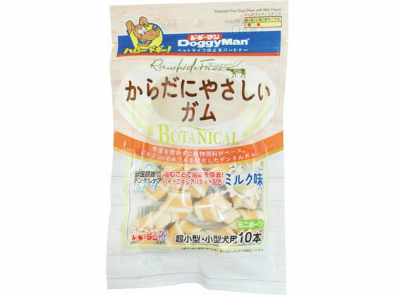 【仕様】●お腹にやさしい植物原料がベース●ビタミンやミネラルをバランスよく配合●歯の健康維持のためハイドロキシアパタイト配合●ゆっくり時間をかけて噛める、骨型●超小型●小型犬に食べやすいミニボーンサイズ。【備考】※メーカーの都合により、パッケージ・仕様等は予告なく変更になる場合がございます。【検索用キーワード】ドギーマンハヤシ　どぎーまんはやし　DoggyMan　doggyman　ドキーマン　どぎーまん　からだにやさしい　ガム　ミルク味　ミニボーン　10本　ペット　犬　ドッグ　おやつ　ペット用品　ペットフード　ペット用お手入れ用品　デンタルケア用品　歯磨き用おもちゃ　ゴム　ガム　犬用品　超小型犬　小型犬　ミルク　チキン　噛む　歯垢　除去　歯　EC9100植物原料をベースにした、牛皮不使用のデンタルガム。