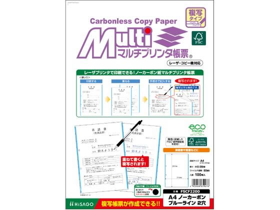 A4 Size Paper - 【お取り寄せ】ヒサゴ マルチプリンタ帳票複写 A4 ブルーライン2穴 100枚 FSCF2200