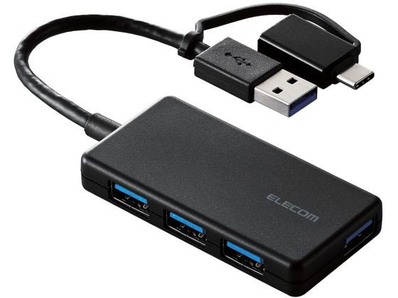 【お取り寄せ】エレコム USB3.1ハブ アダプタ付 超薄型 ブラック U3H-CA4004BBK