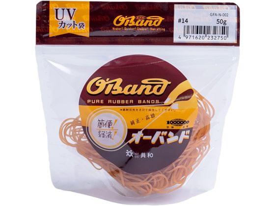【仕様】●番手：＃14●色：アメ色●容量：50g●折径（内径）：50mm（32mm）●材質：天然ゴム●推奨結束範囲：150〜500mm●切幅：1．1mm●厚み：1．1mm●入数：約410本●注文単位：1袋※内容量の本数は、平均値から求めた参考値となり、保証される数量では御座いませんのでご了承下さい。※推奨結束範囲は、1重巻きを想定した場合の結束したい物の外周参考値となります。※保管・使用上の注意：天然ゴムを使用しています。ご使用の条件によっては結束物にゴムが付着したり、結束物が変色する場合がまれにあります。電線は束ねたままで通電しないでください。紫外線や熱を長期間かかる場所でご使用されると輪ゴムが切れる場合がございます。直射日光および高温多湿な場所をさけて保管してください。商品の材質、品質保持（くっつき防止や表面保護）などのため、白い粉が付着しております。人体に有害な物質ではないですが、目や口に入らないように十分気をつけて下さい。【備考】※メーカーの都合により、パッケージ・仕様等は予告なく変更になる場合がございます。【検索用キーワード】共和　きょうわ　キョウワ　KYOWA　輪ゴム　オーバンド　透明袋　＃14　アメ　50g　おーばんど　OBAND　とうめいぶくろ　とうめいふくろ　トウメイブクロ　トウメイフクロ　あめ　オーバンド透明袋　おーばんどとうめいふくろ　オーバンドトウメイフクロ　OBAND　CLEARPACK　わごむ　ワゴム　ゴムバンド　14番　14号　1袋　50g　少量パック　アメ色　あめいろ　結束　束ねる　留める　まとめる　縛る　GFA−N−002　GFAN002　標準サイズの輪ゴム　輪ゴムの番手を探す　輪ゴムのサイズを探す　結束用品　輪ゴム・ゴムバンド　E87200最適なサイズと容量が選びやすく！